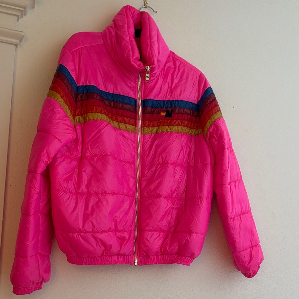 Aviator Nation Pink Puffer Jacket with Rainbow Stripes